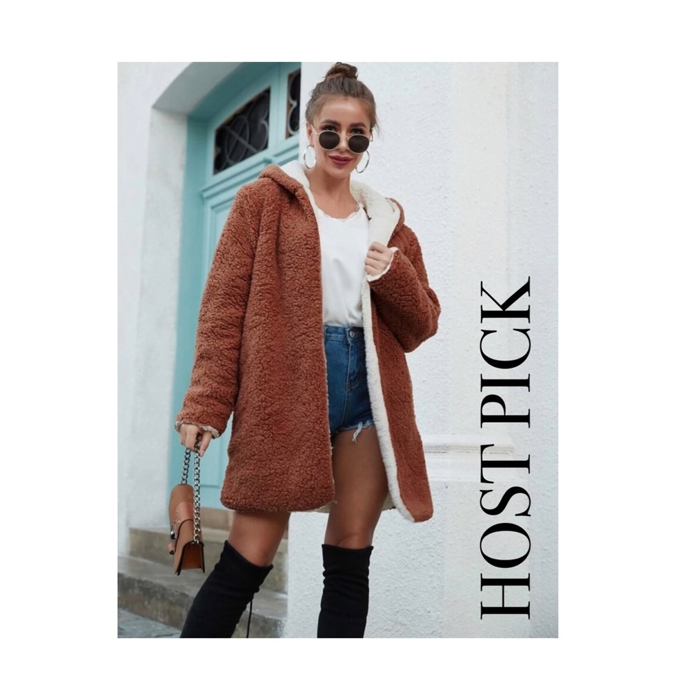 BROWN SOLID HOODED TEDDY COAT
